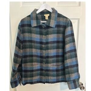 The Limited Womens Plaid Flannel Button Down Shacket Blue Green‎ Grey Large